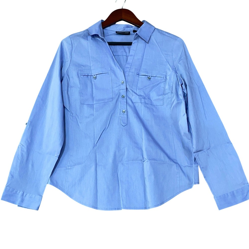 New York & Company Women's M Blue  Blouse Cotton Blend Long Sleeve Dress Shirt